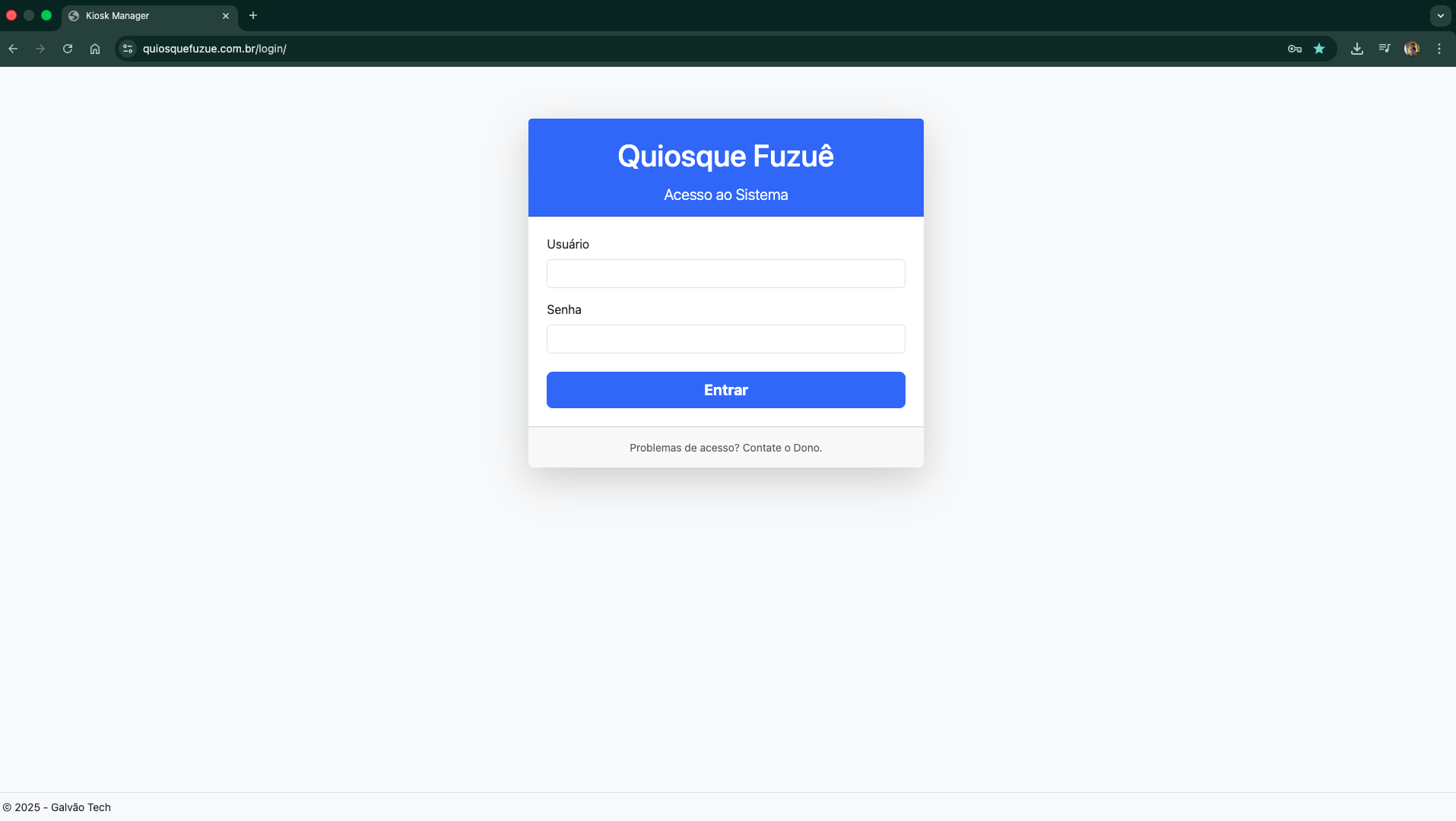 Tela de login do sistema Kiosk Manager